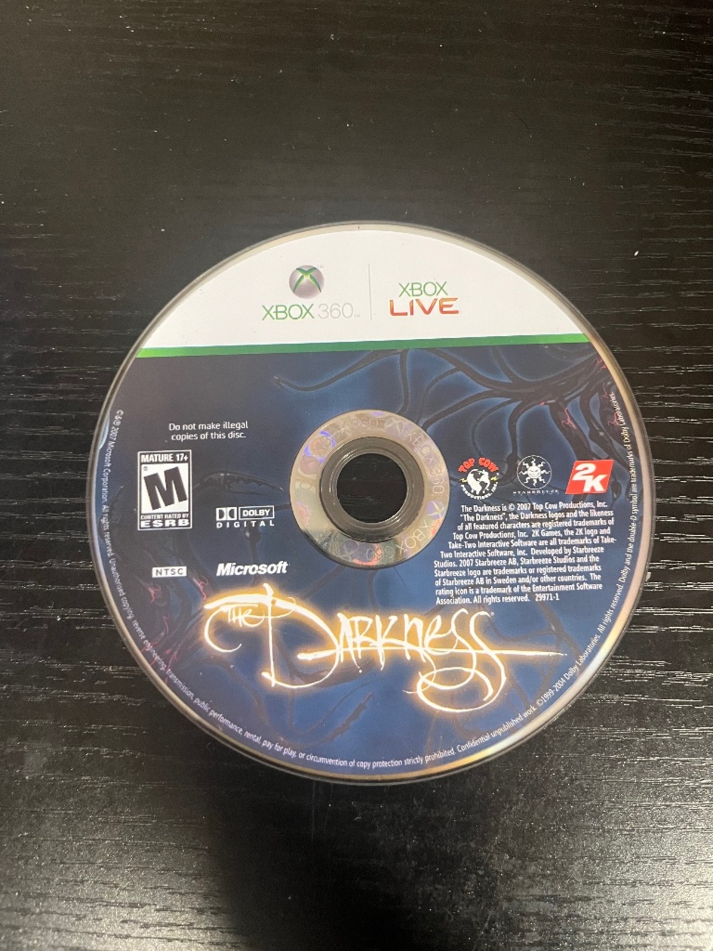 The Darkness (Microsoft Xbox 360, 2007) Disc Only